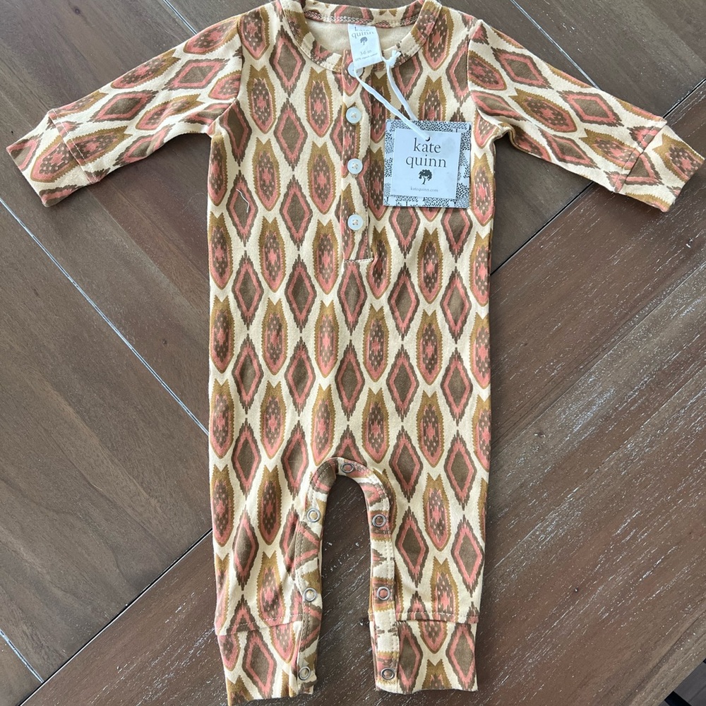 Kate Quinn Long Sleeve Jumpsuit - Tan and Orange Diamond Pattern - 3-6 M